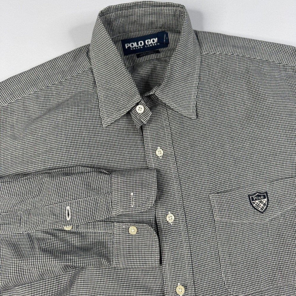 Vtg Polo Golf Ralph Lauren Houndstooth Button Down Shirt Black White Mens Medium
